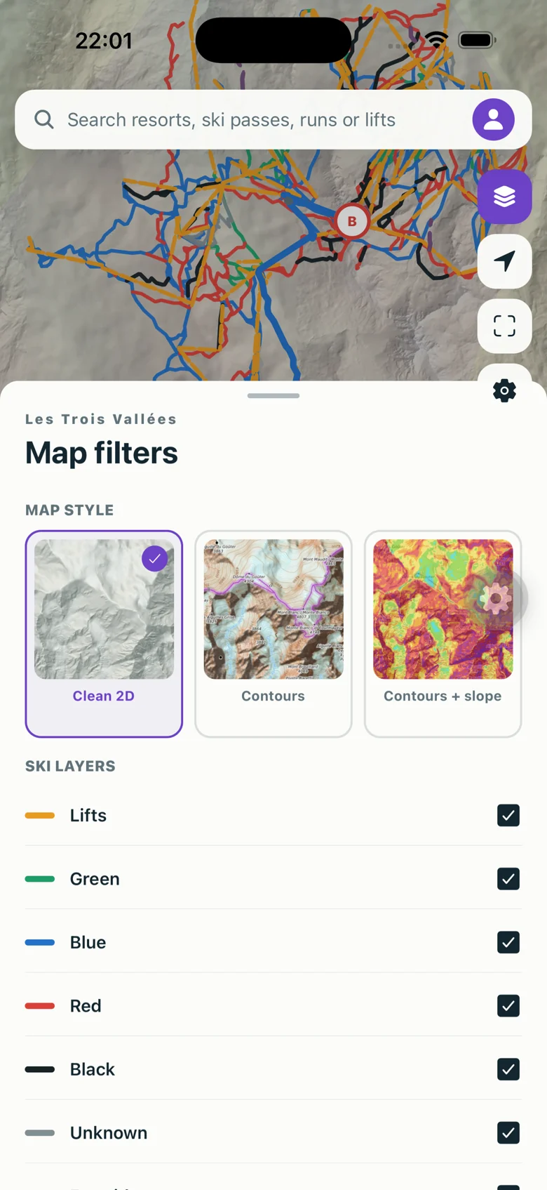 Map filters showing terrain, contour and slope map styles