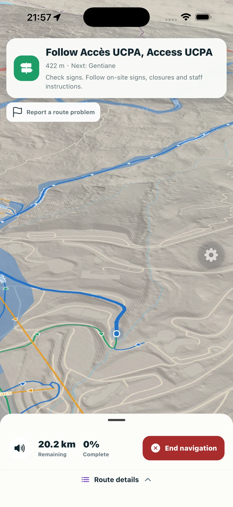 Spoken navigation along Accès UCPA with the next run shown as Gentiane
