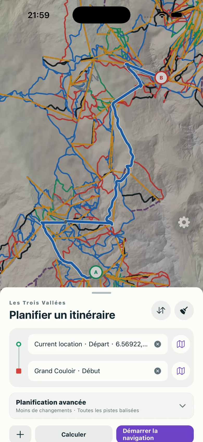 Planification d’un itinéraire avec départ, arrivée et options avancées