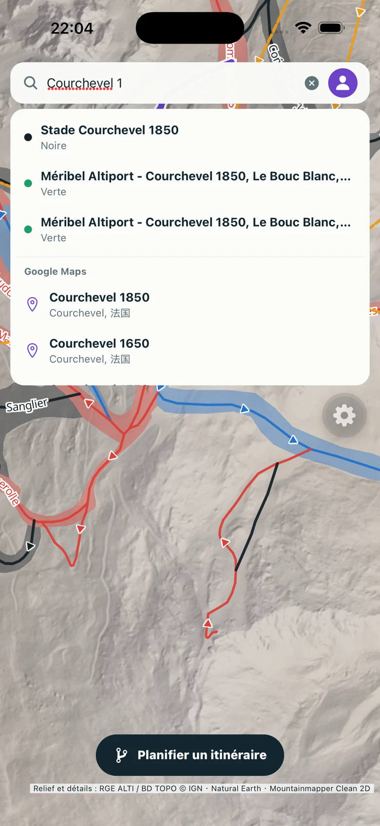 Résultats de recherche et pistes colorées avec flèches de direction