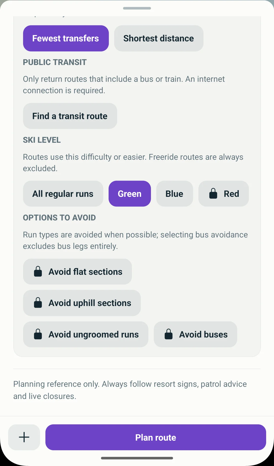 Green selected as the maximum piste difficulty in Android advanced planning