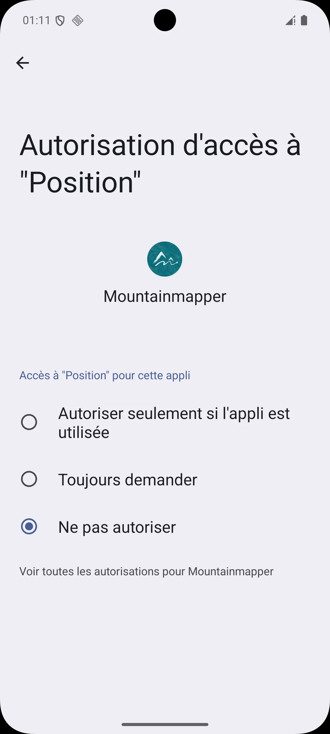 Choix d’autorisation de localisation Android pour Mountainmapper