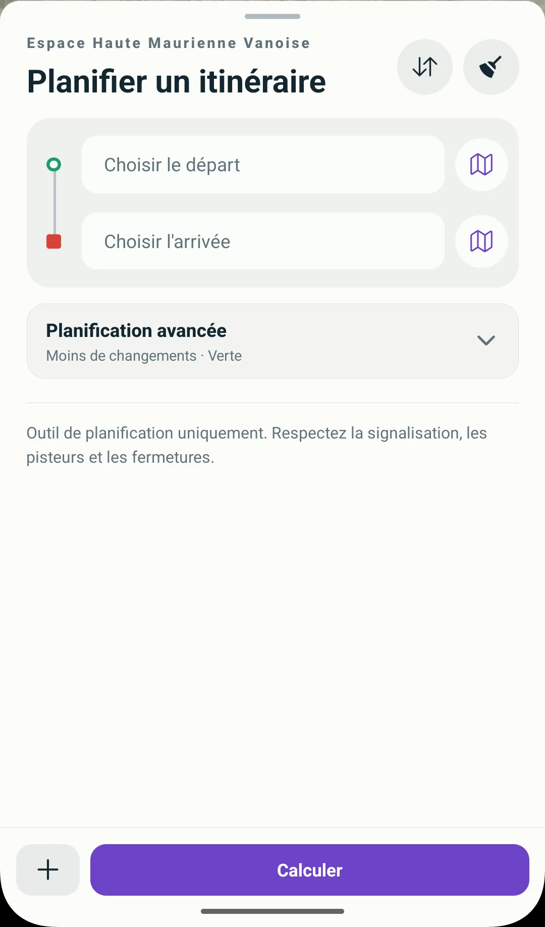Champs de départ et d’arrivée, sélection sur carte et planification avancée sous Android