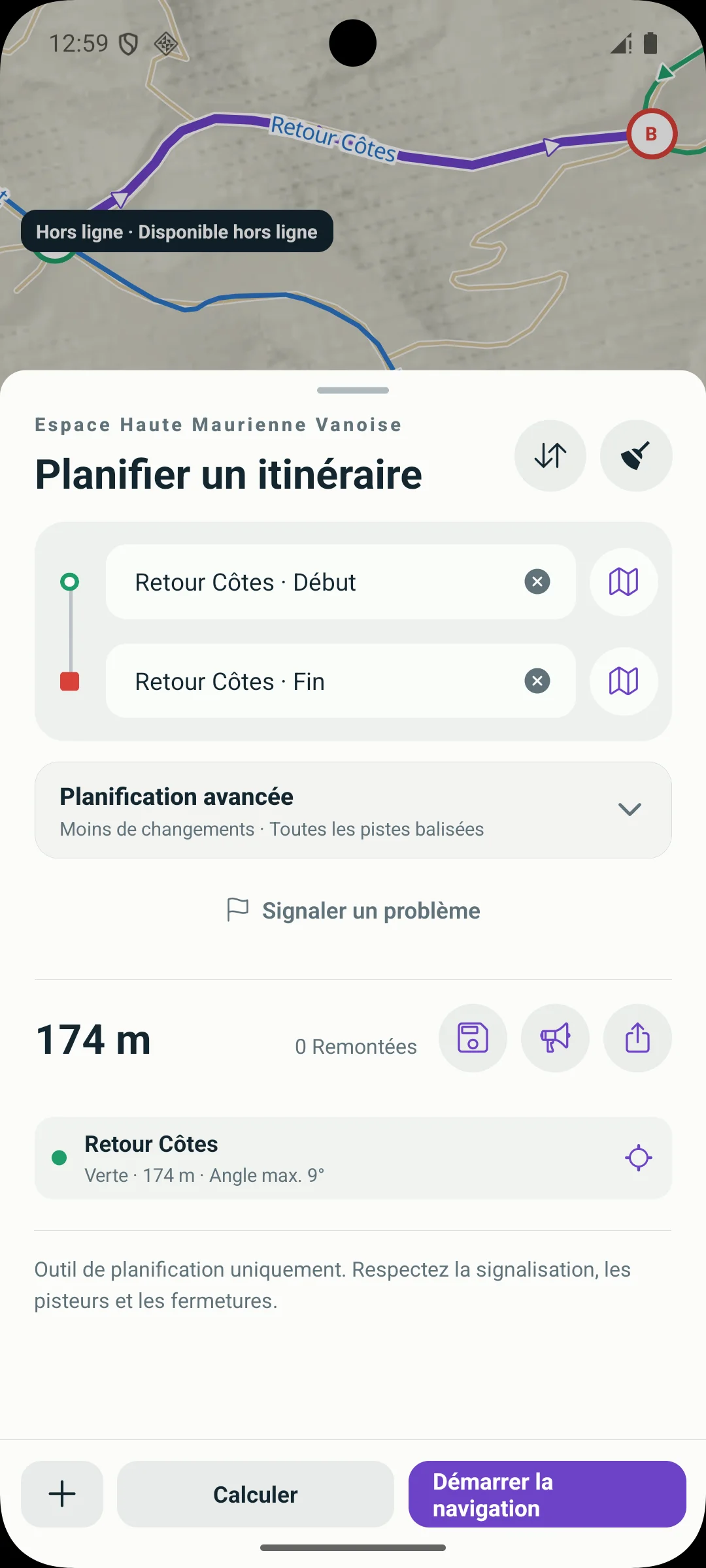 Itinéraire Retour Côtes calculé hors ligne sur Android : 174 mètres et aucune remontée