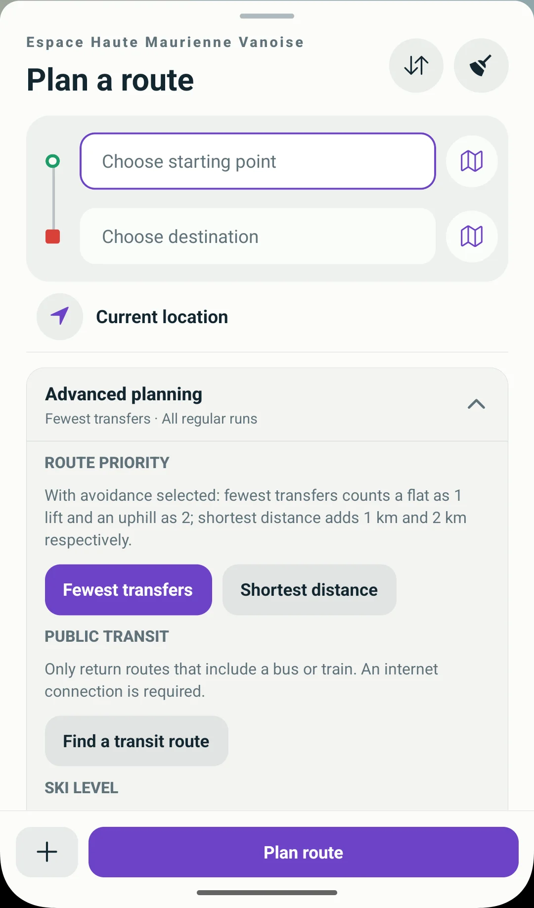 Android planning fields, map selection icons and Advanced planning control