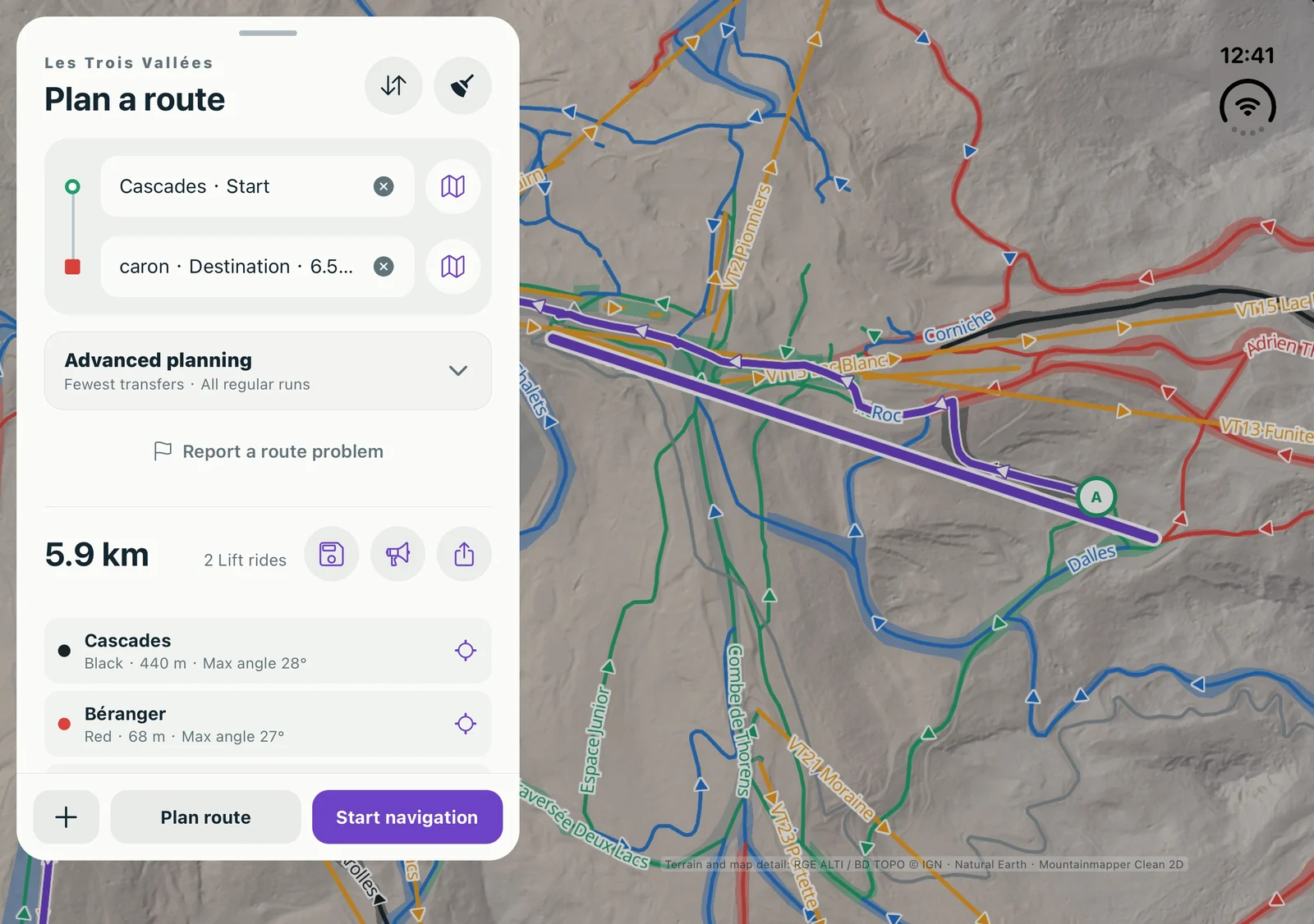 Locate the start and destination fields in the route panel