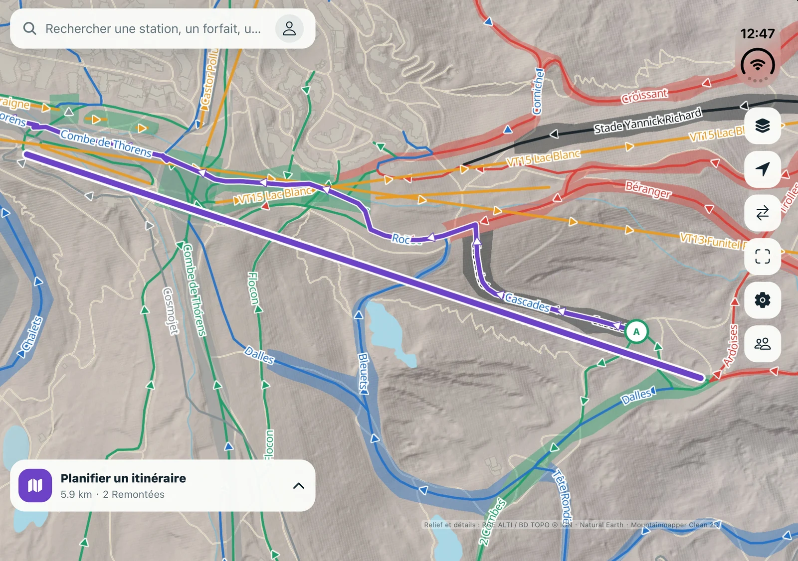 Carte Mountainmapper avec pistes et remontées