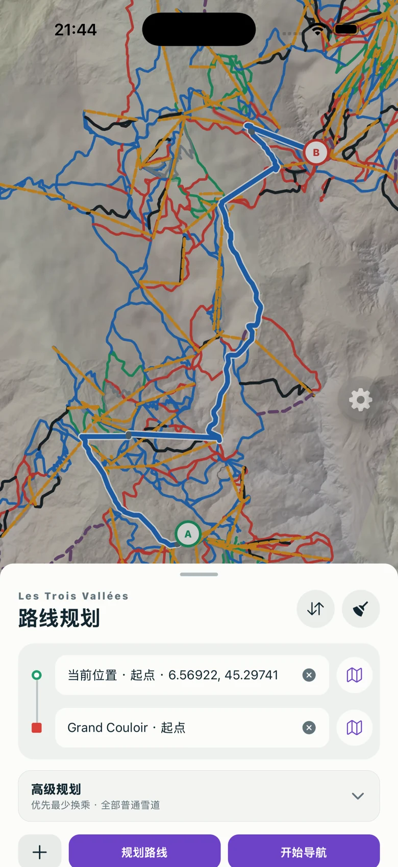 Mountainmapper 路线规划界面，展示起点、终点和高级规划选项